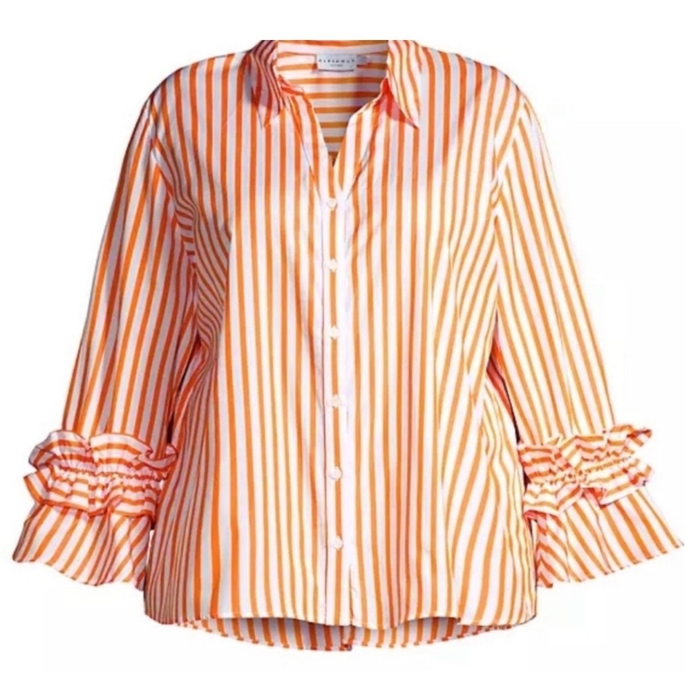 $228 NWT Anthropologie Harshman Selina Orange White Stripe Ruffle Shirt Sz SMALL
